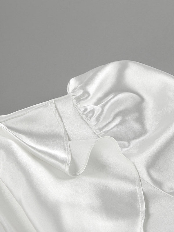 Falbala Solid Color Split-Joint Flared Sleeves Loose Stand Collar Blouses&Shirts Tops