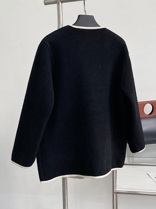 Asymmetric Buttoned Pockets Split-Joint Long Sleeves Loose Round-Neck Woolen Coat