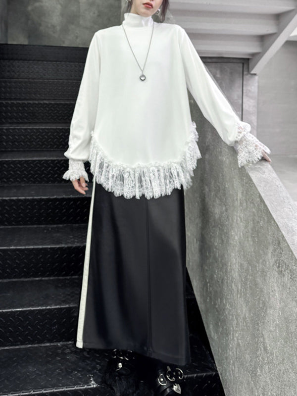 Solid Color Split-Joint Long Sleeves Loose High Neck T-Shirts Tops