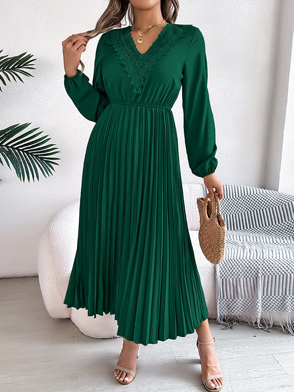 Pleated Solid Color Elasticated Waist High Waisted V-neck Midi Dresses