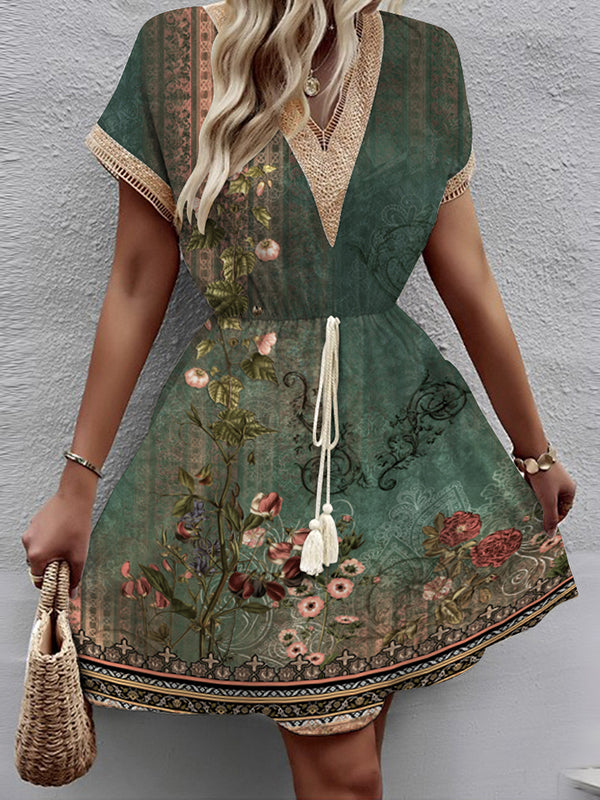 Elasticity Flower Print Hollow Split-Joint Tasseled Tied Waist A-Line Loose V-Neck Mini Dresses