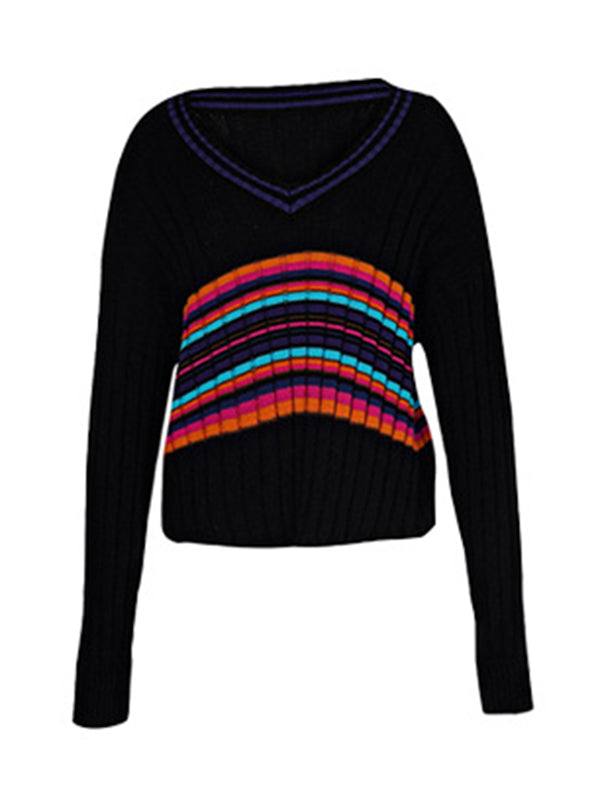Casual Long Sleeves Striped V-Neck Sweater Tops
