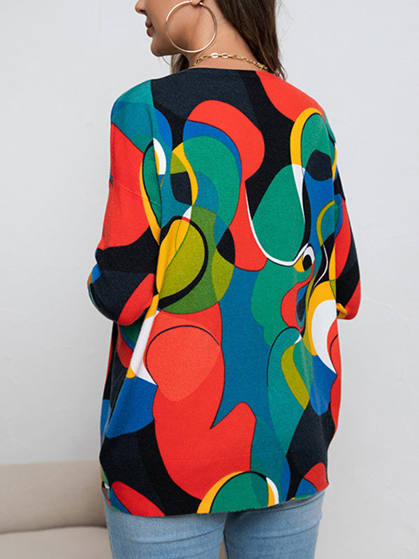 Contrast Color Printed Long Sleeves Loose Round-Neck Sweater Tops Pullovers Knitwear