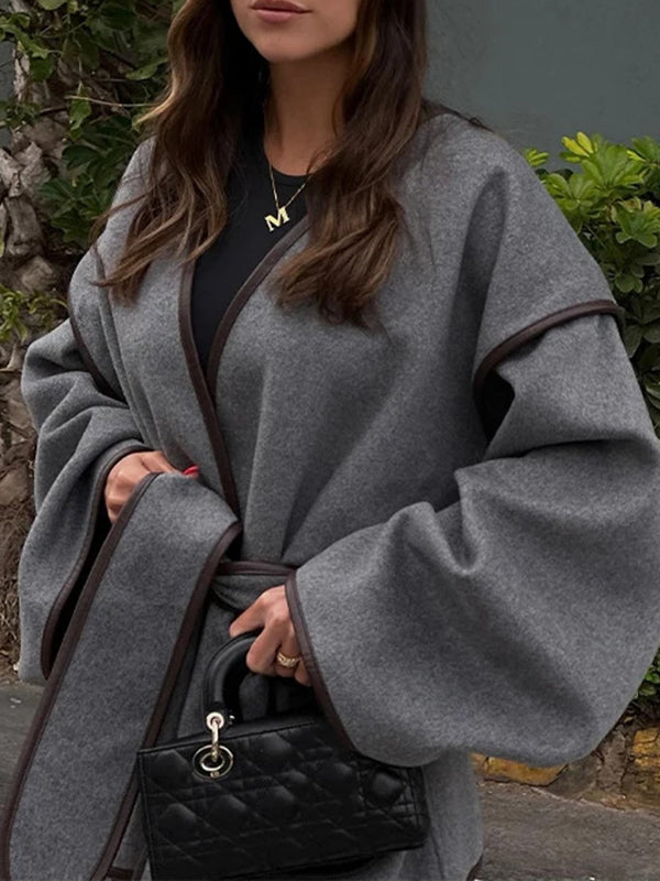 Pockets Solid Color Split-Joint Tied Waist Long Sleeves Loose V-neck Woolen Coat