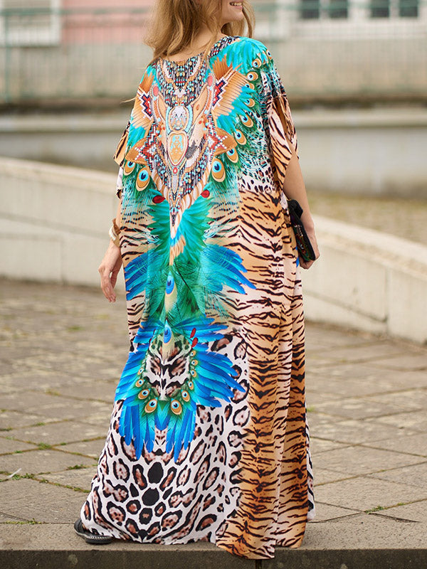 Leopard Split-side Tiger Skin Pattern Batwing Sleeves Loose V-neck Maxi Dresses Beach Cover-Up