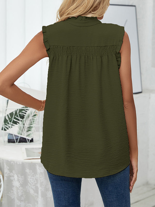 Pleated Solid Color Loose Sleeveless Stand Collar Vest Top