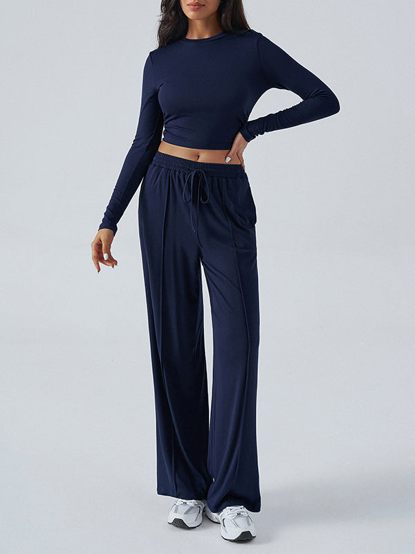 Round-Neck Long Sleeves Loose Solid Color T-shirt Top + Drawstring Elasticity Pockets Pants Bottom Two Pieces Set