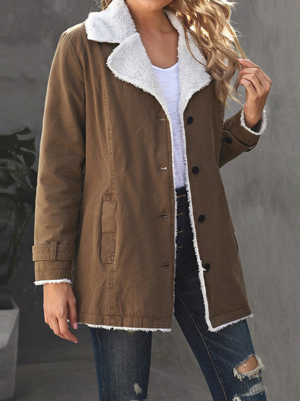 Buttoned Pockets Velvet Long Sleeves Loose Notched Collar Outerwear