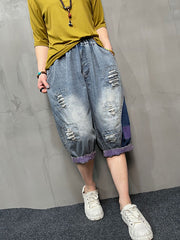 Contrast Color Elasticity Split-Joint Harem Pants Loose Jean Pants Bottoms