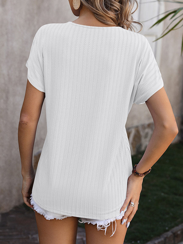 Jacquard Solid Color Loose Short Sleeves V-Neck T-Shirts Tops