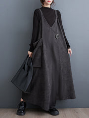 Adjustable Asymmetric Buttoned Pockets Solid Color A-line High-low Spaghetti-Neck Midi Dresses