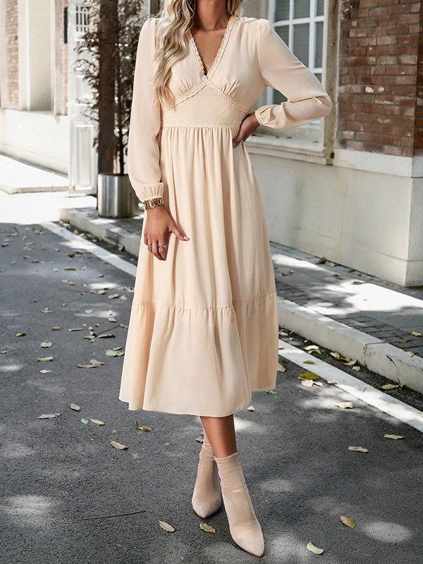 Pleated Solid Color Split-Joint A-Line High Waisted V-Neck Midi Dresses