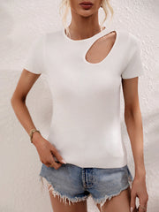Asymmetric Hollow Solid Color Loose Short Sleeves Round-Neck T-Shirts Tops