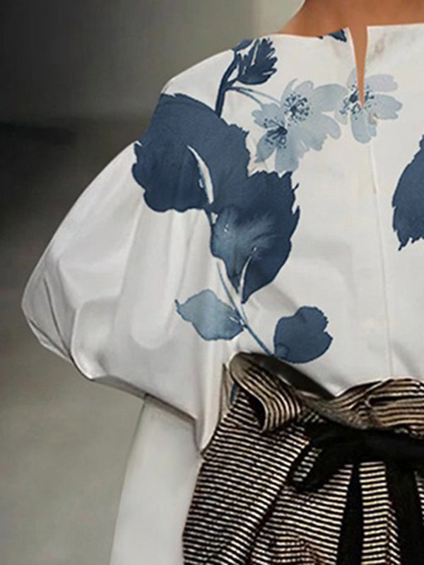 Loose Puff Sleeves Floral Printed Split-Joint Round-Neck Blouses