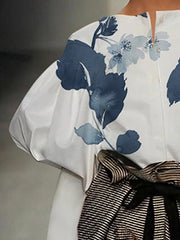 Loose Puff Sleeves Floral Printed Split-Joint Round-Neck Blouses