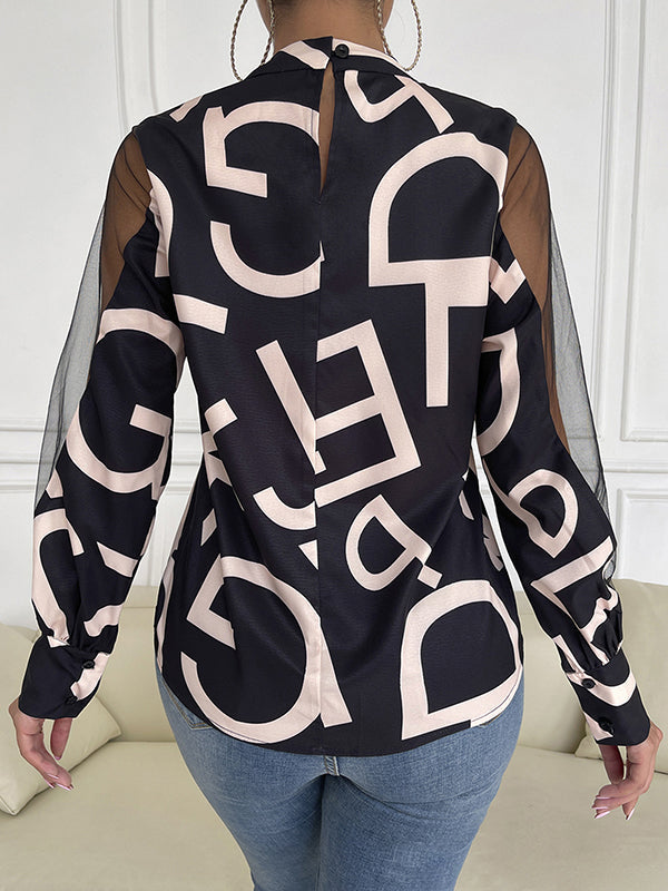Buttoned Hollow Letter Print See-Through Split-Joint Long Sleeves Round-neck Shirts Tops Blouses&shirts Tops