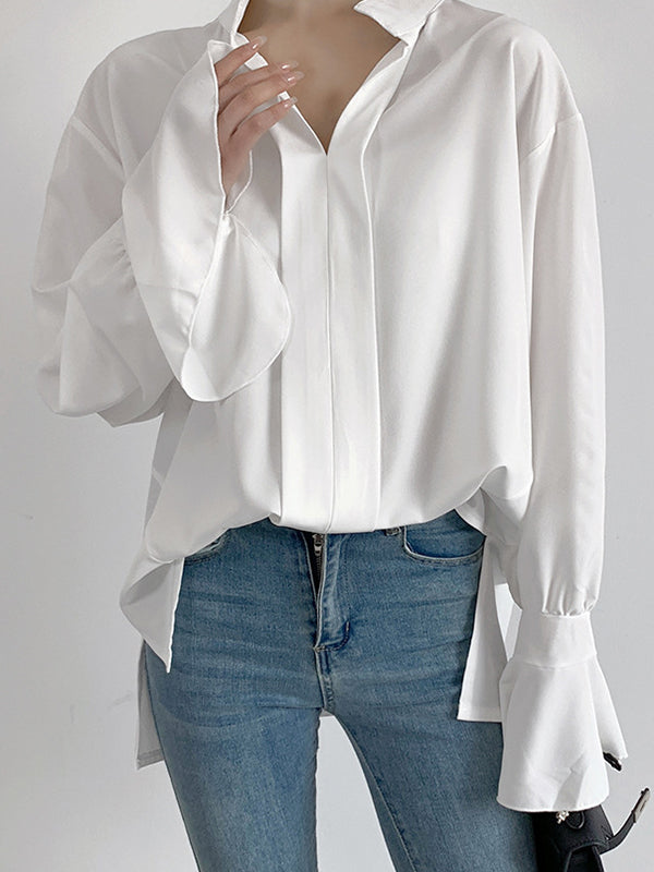 Buttoned Solid Color Split-Side Flared Sleeves High-Low V-Neck Blouses&Shirts Tops