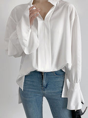 Buttoned Solid Color Split-Side Flared Sleeves High-Low V-Neck Blouses&Shirts Tops