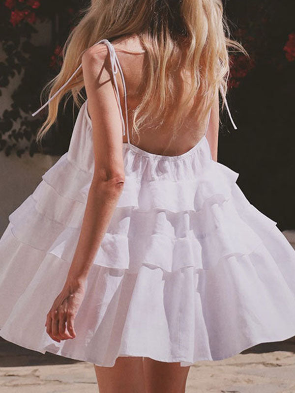 Backless Layered Pleated Solid Color Tied High Waisted Loose Spaghetti-Neck Mini Dresses