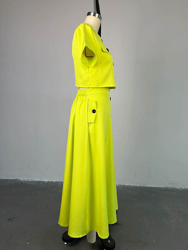 Round-Neck Buttoned Pockets Split-Joint T-shirt Top + A-Line High Waisted Skirts Bottom Two Pieces Set