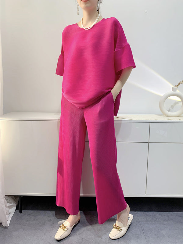 Elastics Pleated Solid Color Short Sleeves Wide Leg Round-neck Two Pieces Set
