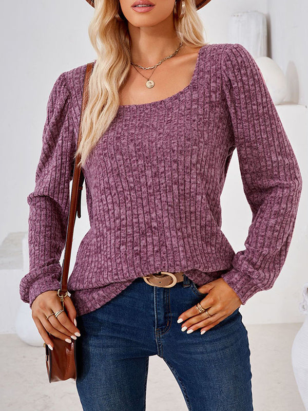 Solid Color Long Sleeves Loose Square-Neck T-Shirts Tops