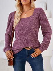 Solid Color Long Sleeves Loose Square-Neck T-Shirts Tops
