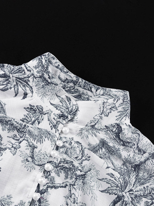 Pleated Printed Split-Joint Tied Waist Loose Puff Sleeves Stand Collar Mini Dresses