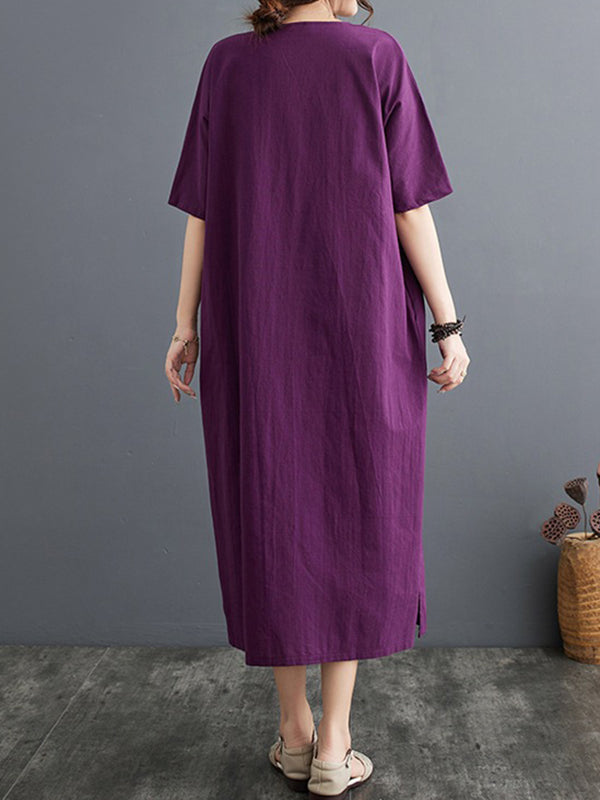 Chinese Frog Buttons Pockets Solid Color Split-Side A-Line Loose V-Neck Midi Dresses