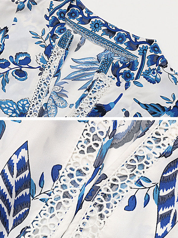 Floral Printed Pleated Split-Joint Tied Waist Loose Short Sleeves V-Neck Shirt Dress Midi Dresses