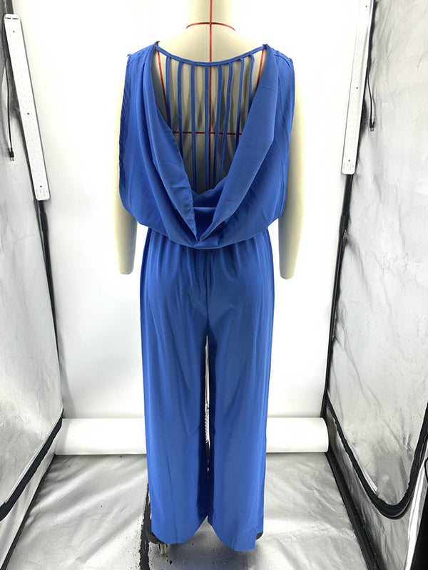 Backless Elasticity Pleated Solid Color Split-Joint High Waisted Sleeveless Jumpsuits