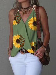 Flower Print Split-Joint Sleeveless V-Neck Vest Top