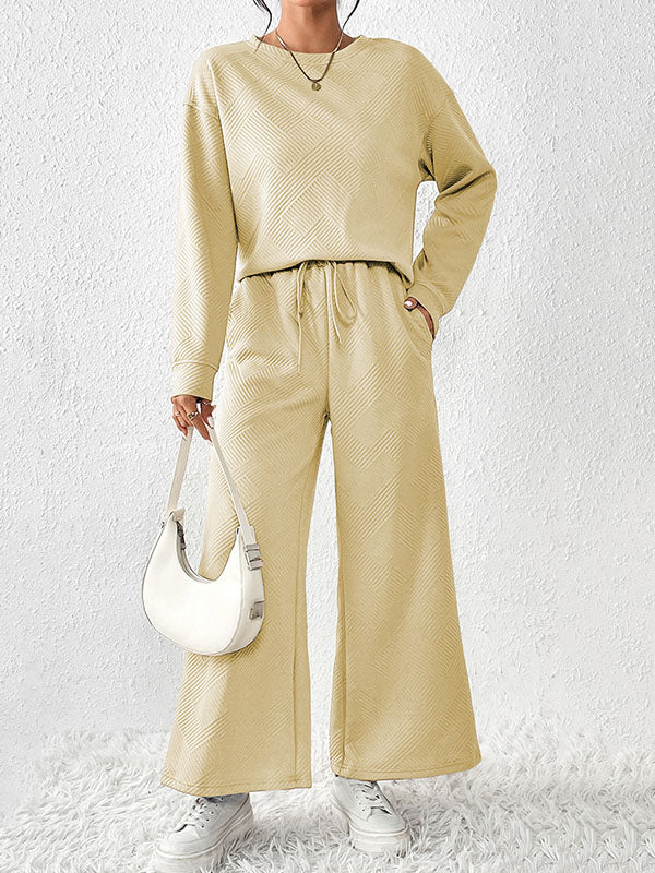Round-Neck Long Sleeves Loose Solid Color Shirts Top + Drawstring Pants Bottom Two Pieces Set