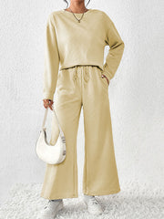 Round-Neck Long Sleeves Loose Solid Color Shirts Top + Drawstring Pants Bottom Two Pieces Set