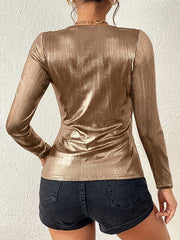 Pleated Shiny Solid Color Split-Joint Long Sleeves Skinny V-Neck T-Shirts