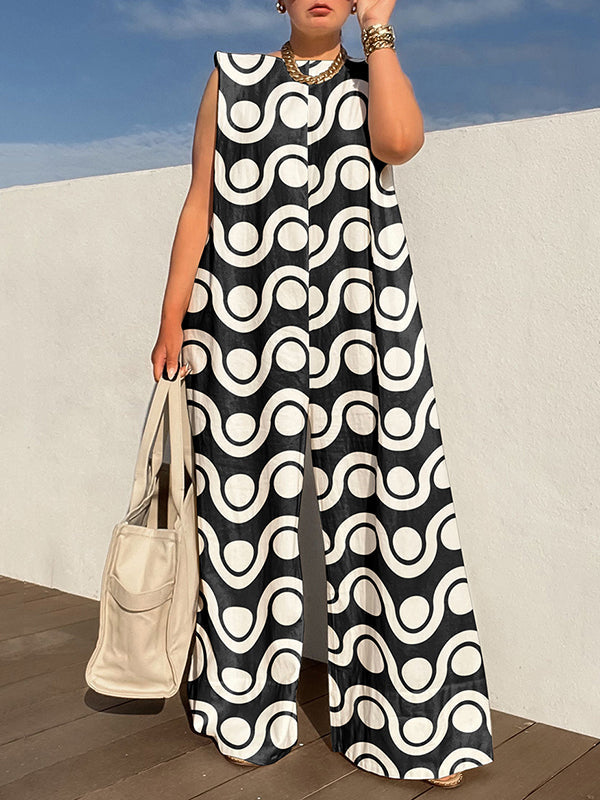 Loose Sleeveless Contrast Color Printed Round-Neck Jumpsuits
