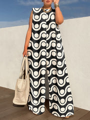 Loose Sleeveless Contrast Color Printed Round-Neck Jumpsuits