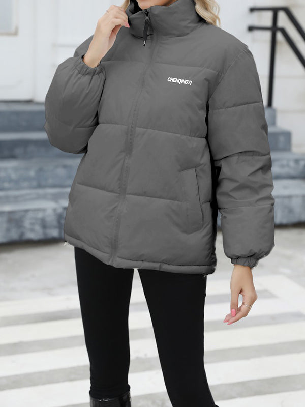 Keep Warm Quilted Solid Color Zipper Long Sleeves Loose High Neck Padded Coat