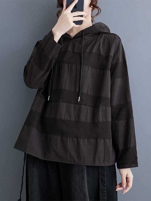 Drawstring Hooded Solid Color Split-Joint Long Sleeves Loose Round-Neck Hoodies Tops