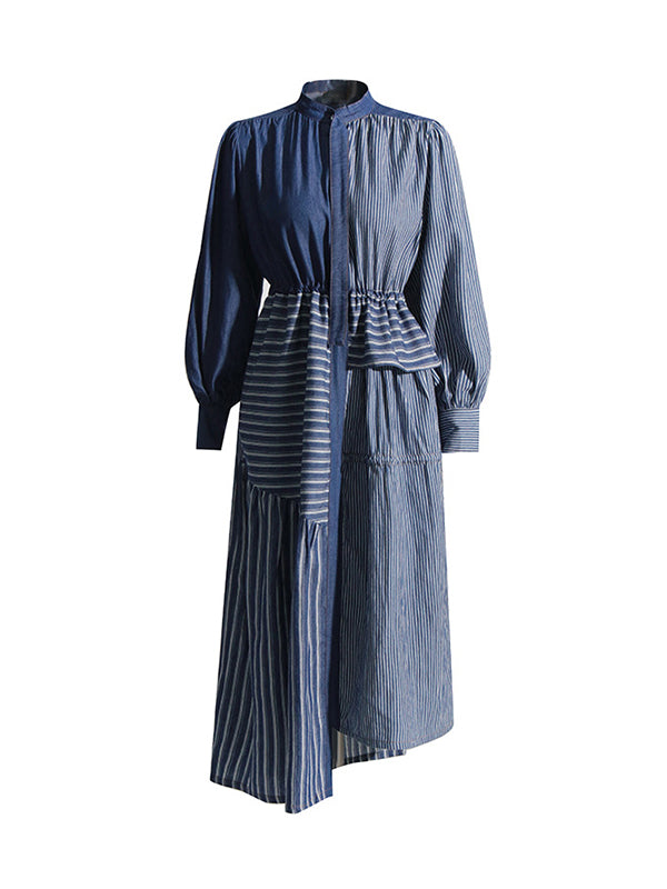 Asymmetric Buttoned Contrast Color Split-Joint Striped Tied Waist High Waisted Long Sleeves Mock Neck Midi Dresses