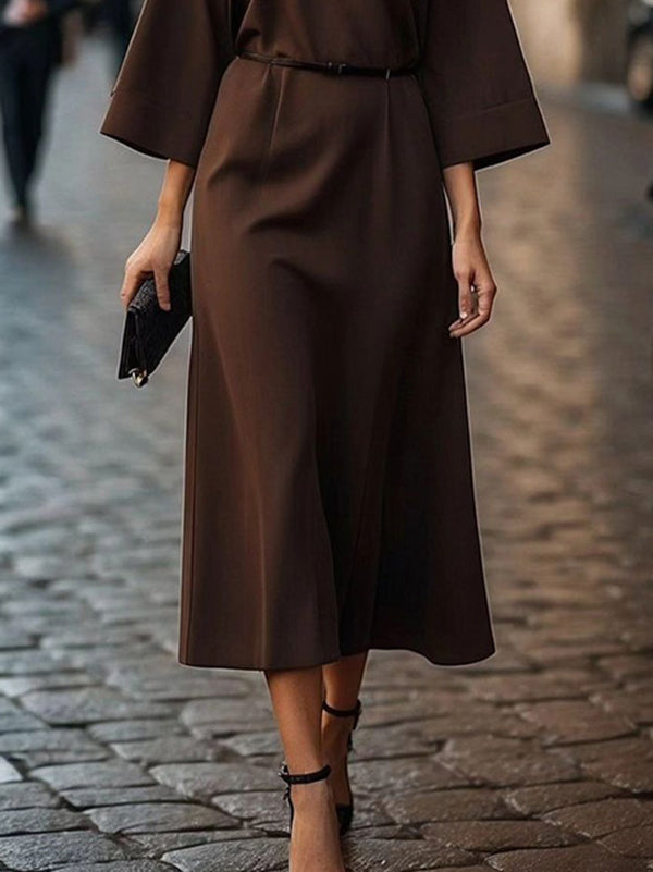 Pleated Solid Color Split-Joint Loose Three-Quarter Sleeves Round-Neck Midi Dresses