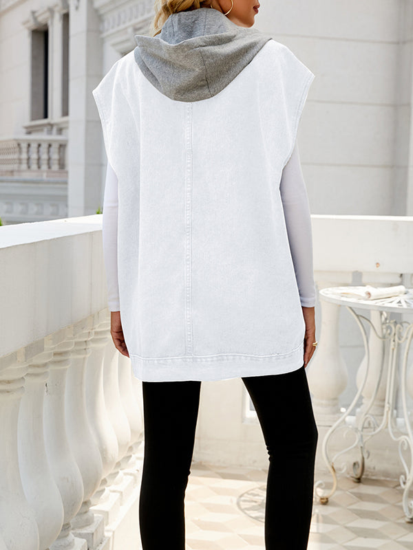 Buttoned Detachable Hooded Pockets Split-Joint Loose Sleeveless Lapel Collar Vest Outerwear