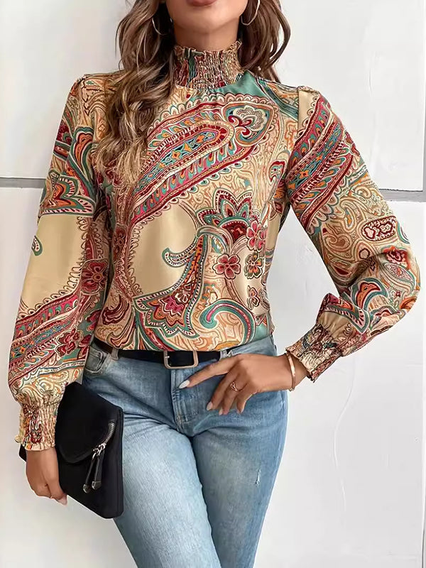 Buttoned Elasticity Flower Print Hollow Split-Joint Long Sleeves Loose Mock Neck Blouses&shirts Tops