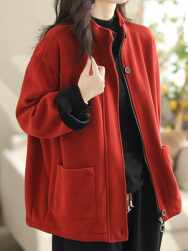 Buttoned Keep Warm Pockets Split-Joint Velvet Zipper Long Sleeves Loose Stand Collar Outerwear