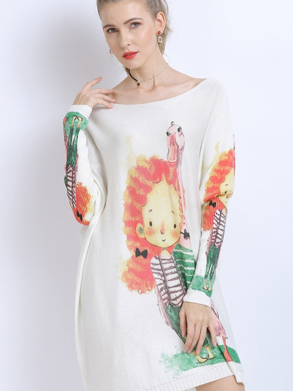 Urban Loose Batwing Sleeves Cartoon Printed Pullover