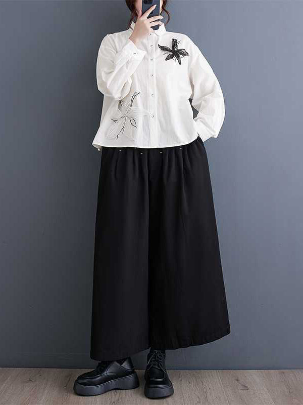 Applique Buttoned Embroidered Long Sleeves Loose Lapel Blouses&Shirts Tops