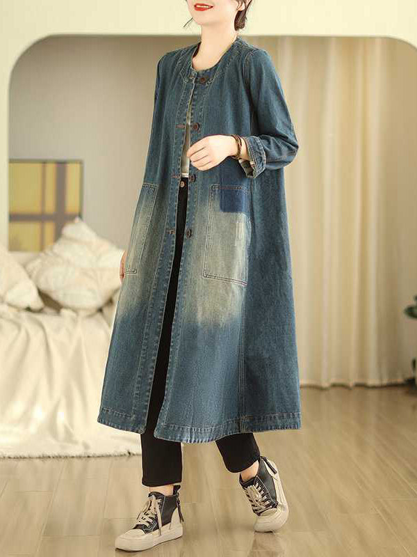Buttoned Pockets A-Line Long Sleeves Round-Neck Outerwear Midi Dresses