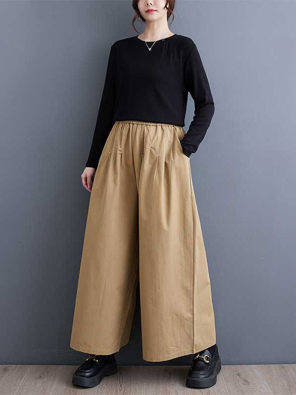 Elasticity Embroidered Pleated Loose Wide Leg Trousers Ninth Pants