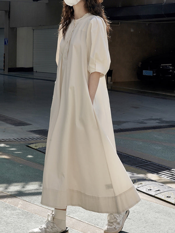 Solid Color Loose Puff Sleeves Round-Neck Midi Dresses