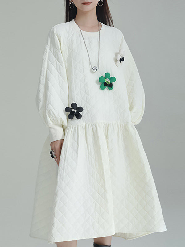 Pleated Quilted Split-Joint Long Sleeves Loose Round-Neck Midi Dresses